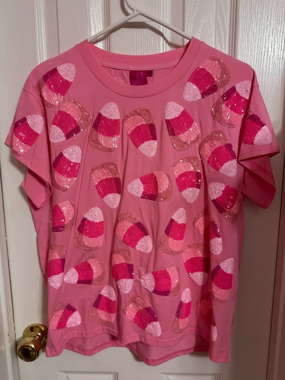 Queen of Sparkles Pink Sequin Candy-Print T-Shirt
